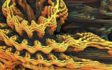 Soyut arkaplan 3D, fantastik altın şekiller, ilginç resimleme. 