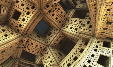 Soyut arka plan, fantastik 3D altın yapılar ve odalar, kurgusal bilim kurgu geçmişi.