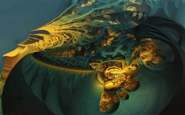 Soyut arkaplan, fantastik üç boyutlu yapılar sarı çizim çizimi.