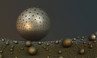 Soyut arkaplan 3D fantastik altın yapılar, metalik küreler resimleme.