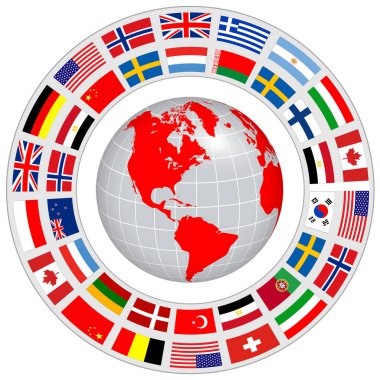 Logo yerküre 3D, mavi gezegen ve ulusal bayrak etrafında dinamik yörünge, vektör uluslararası marka tasarımı.