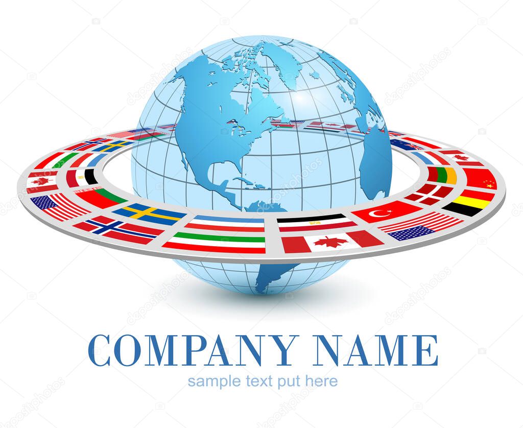 Logo earth globe 3D, blue planet and dynamic orbit with national flags around, vector international brand design.