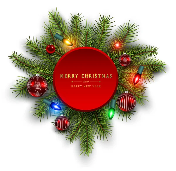 Christmas Decoration Fir Tree Lights Glass Balls Vector Christmas Background — Stock Vector