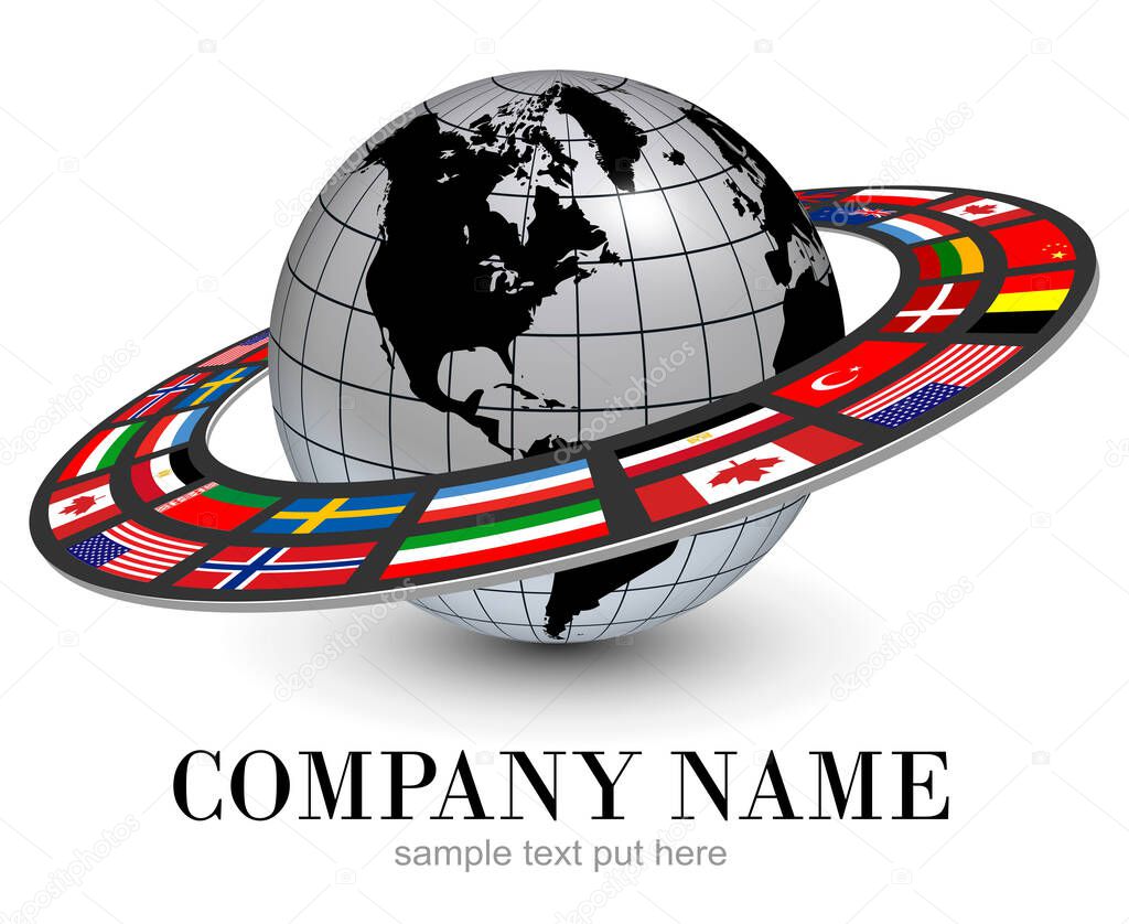 Logo earth globe 3D, silver planet and dynamic orbit with national flags around, vector international brand design.