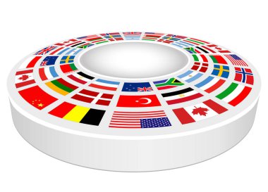 Ürün sunumu için ulusal bayraklı boş 3D podyum. Yerleştirme için vektör tasarımı yuvarlak kaidesi.