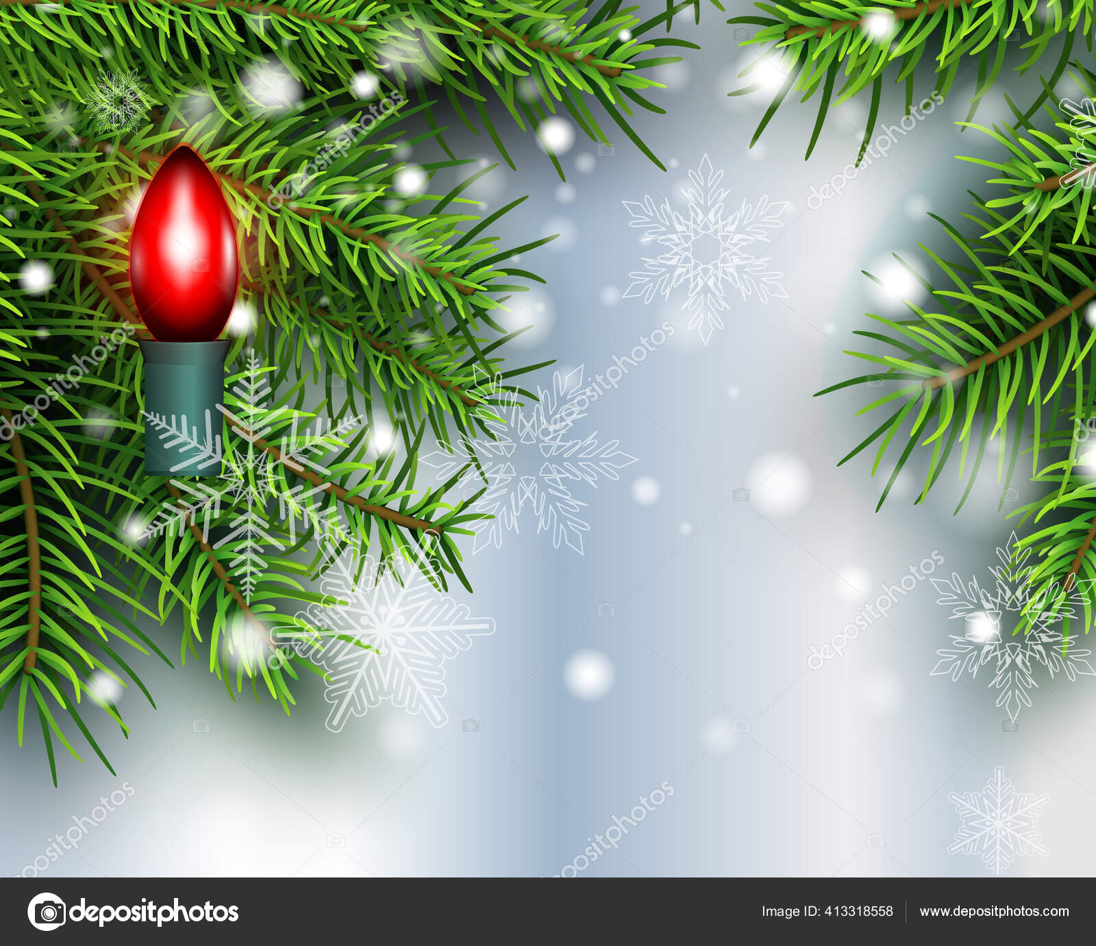 Latar Belakang Natal Pohon Pinus Dengan Salju Dan Bola Lampu Stok Vektor C Cobalt88 413318558