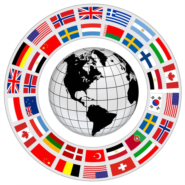 国際協力のベクトルシンボルとして周りのフラグのリングを持つ地球の地球の3Dアイコン — ストックベクタ