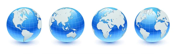 地球球体3D蓝白相间 观点不同 具有平行和子午线的逼真闪亮图标 矢量世界球体的设计 — 图库矢量图片