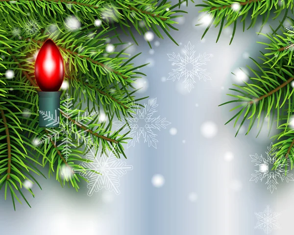 圣诞背景 有雪和灯泡的松树 冬季病媒图解 — 图库矢量图片