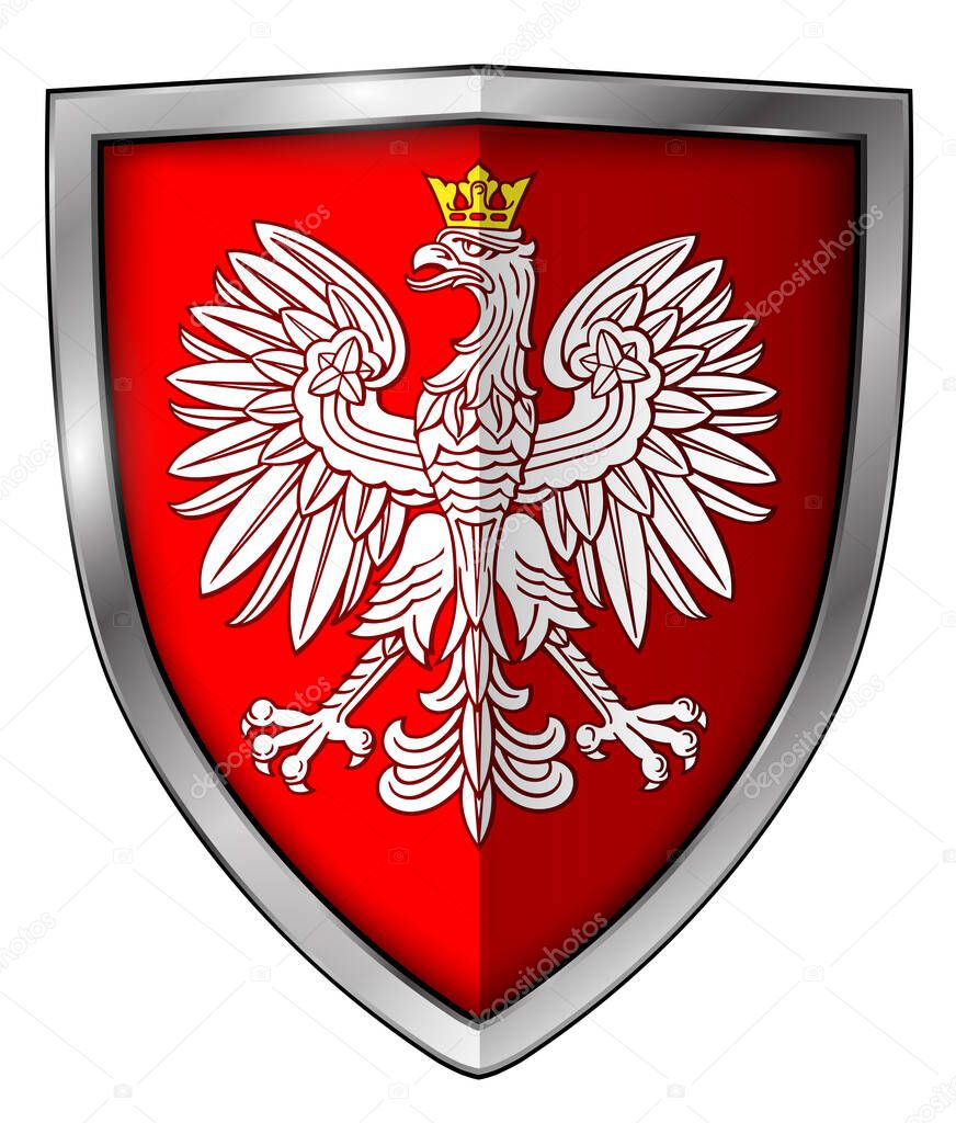Coat of Arms of Poland, national symbol icon design - white eagle on shield, 3D vector illustration.