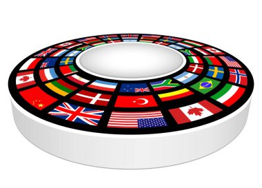 Ürün sunumu için ulusal bayraklı boş 3D podyum. Yerleştirme için vektör tasarımı yuvarlak kaidesi.