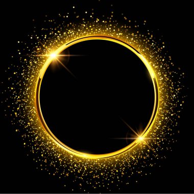 Siyah arka planda izole edilmiş parıltılı altın bir yüzük. Lüks altın çerçeve.