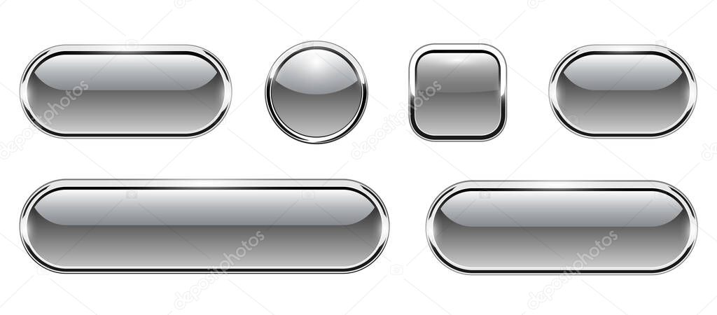 Grey shiny buttons set, glossy isolated icons with metallic chrome elements, vector illustration.