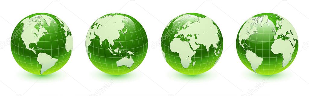 Earth globes 3D green set, different views, realistic shiny icon with  parallels and meridians, vector world spheres design. 