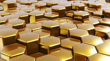 Soyut 3D geometrik arkaplan, altın altıgenler metalik şekiller yığınlar, görüntüleme teknolojisi.