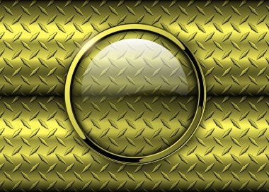 Metalik altın plaka metal dokusunun üzerindeki parlak düğme, vektör illüstrasyonu.