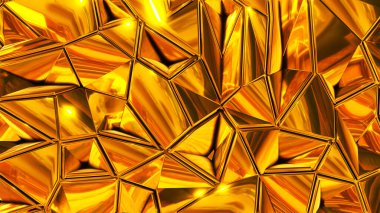 Altın mozaik zemin, parlak metal çokgenler soyut desen, üçgen altın metalik duvar kağıdı tasarımı, 3D çizim