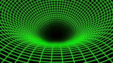 Yeşil neon çizgileri olan arka plan 3D, kara delik bükme kavramı, bilim tasarımı çizimi illüstrasyonu.