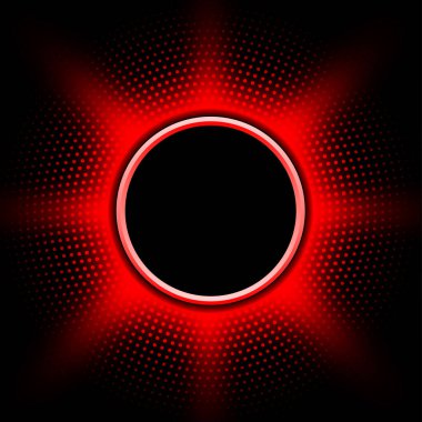 Kırmızı yarım tonlu parlak düğme, siyah arkaplan etrafında güneşli noktalar, vektör illüstrasyonu.