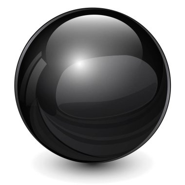 Siyah parlak top, cam koyu küre simgesi, 3 boyutlu vektör illüstrasyonu.