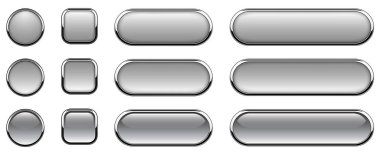 Gümüş rengi gri düğmeler ayarlanmış, metalik krom elementlerle izole edilmiş, 3 boyutlu vektör çizimi.