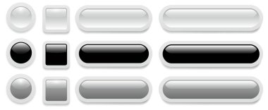 Parlak düğmeler seti, web kullanımı için beyaz, gri ve siyah düğmeler koleksiyonu, 3B vektör illüstrasyonu.