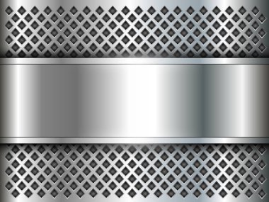 Gümüş metal arka plan desenli parlak metalik delikler ve krom pankart, delinmiş doku metal duvar kağıdı, 3 boyutlu vektör illüstrasyon.