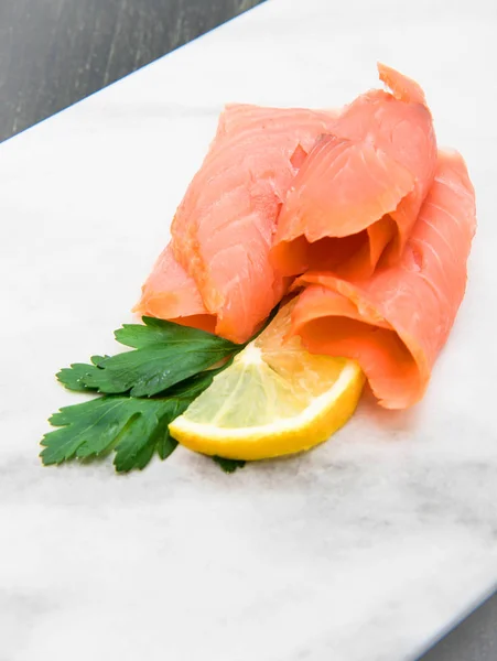 Marble Dish Smoked Salmon Slices — Stock Photo, Image