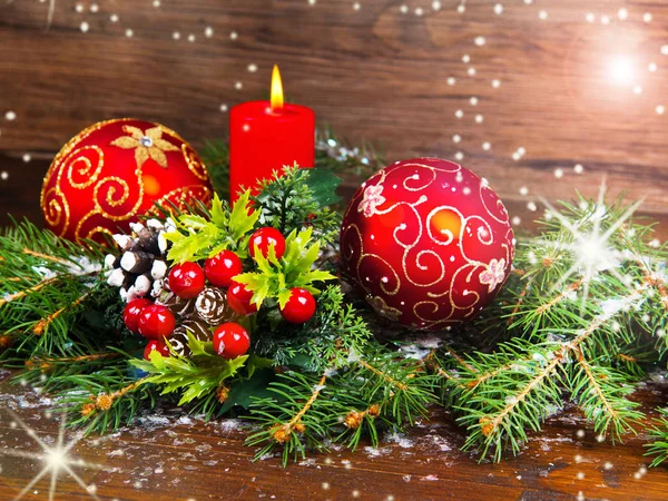 Décorations Noël Rouges Sur Branches Épinette — Photo
