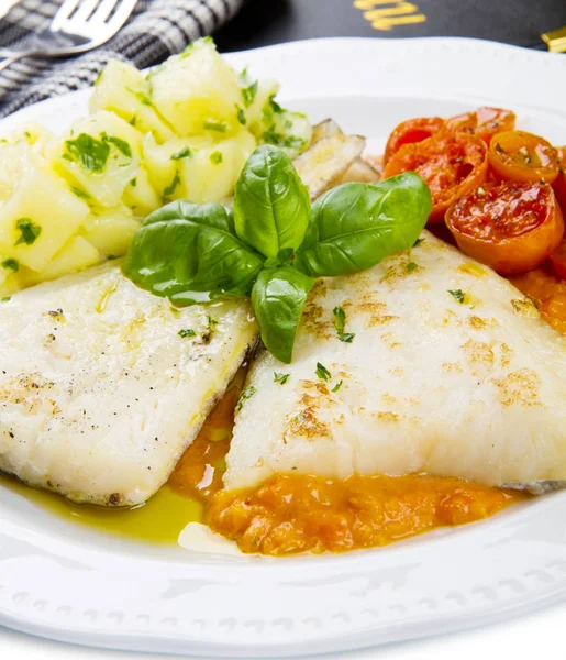 White Dish Fresh Black Cod Potatoes Tomatoes Sauce — Stock Photo, Image