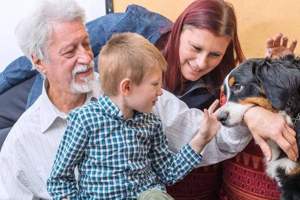 Großvater Und Seine Familie Spielen Mit Dem Liebenswerten Hund — Stockfoto