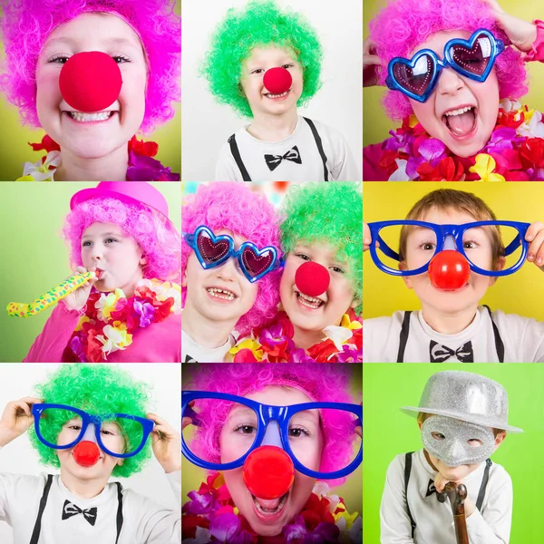 collage of photos of children with clown wig