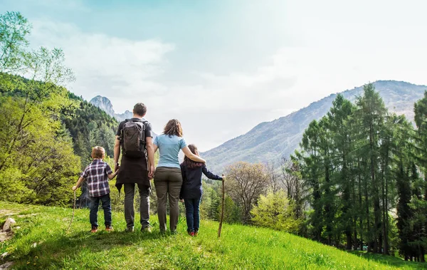 Famille sur une prairie verdoyante regardant le panorama de montagne — Photo