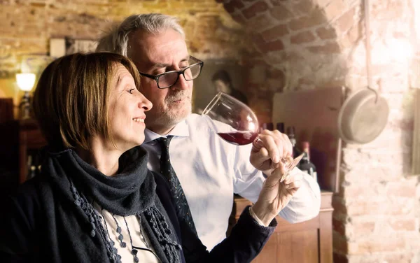 happy senior couple drinking a wine glass