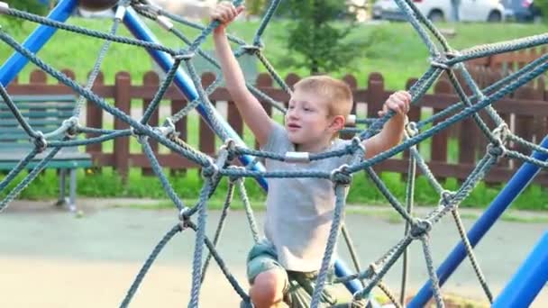 Jeune Enfant Grimpe Amuse Sur Aire Jeux — Video