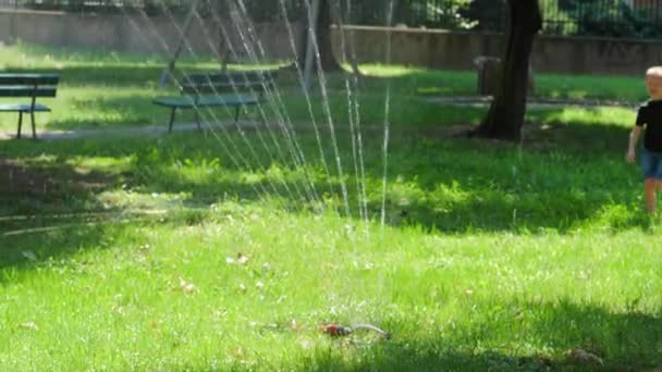 Gülümseyen Çocuk Bahçede Suyla Oynuyor — Stok video