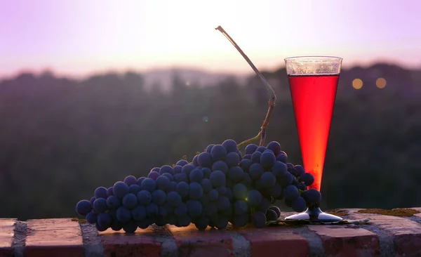 Copos Vinho Tinto Com Uvas Pretas Pôr Sol — Fotografia de Stock