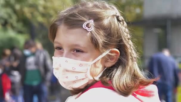 Young Student Front School Looks Camera Wearing Mask Prevent Coronavirus — Stock Video