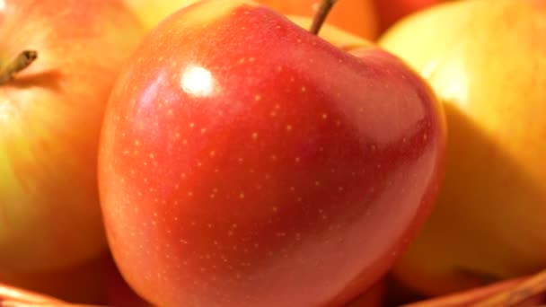 Gruppe Reifer Roter Äpfel Auf Rotem Holzkorb — Stockvideo
