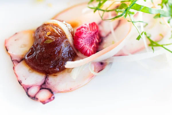 Cold Appetizer Boiled Octopus Cut Thin Slices Confit Cherry Tomatoes — Stock Photo, Image