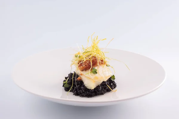 Chilean Seabass Grilled Sweet Chili Sauce Black Risotto — Stock Photo, Image