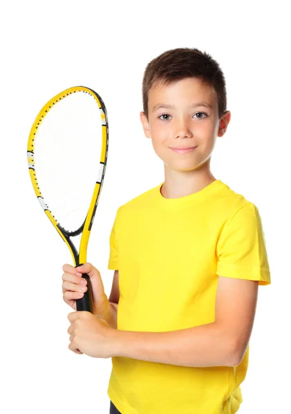 Мальчик играет в теннис на чистом белом фоне — стоковое фото