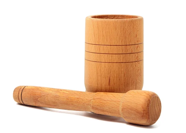Wooden mortar and pestle on pure white background — Stock Photo, Image