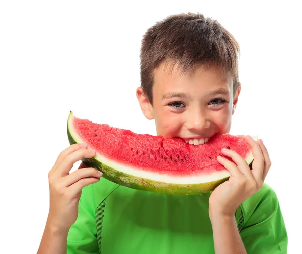 Boy with watermelon on pure white background Royalty Free Stock Photos