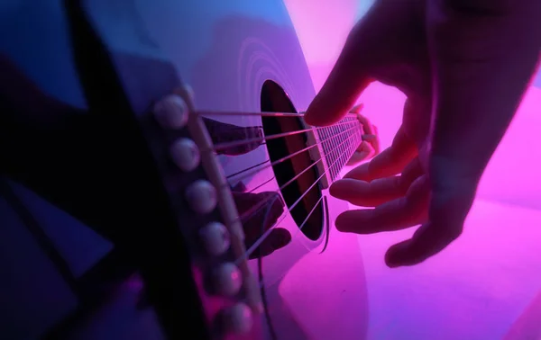 Acoustic Guitar Played Girl Colorful Lights — Stock Photo, Image