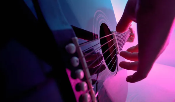 Acoustic Guitar Played Girl Colorful Lights — Stock Photo, Image