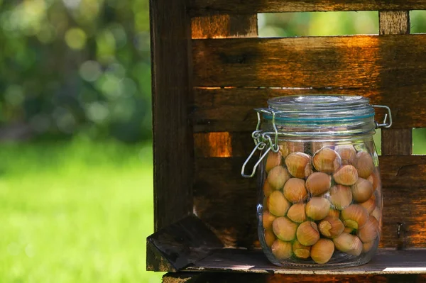 Unpeeled Hazelnuts In A Glass Jar In Wooden Box — Stock Photo, Image