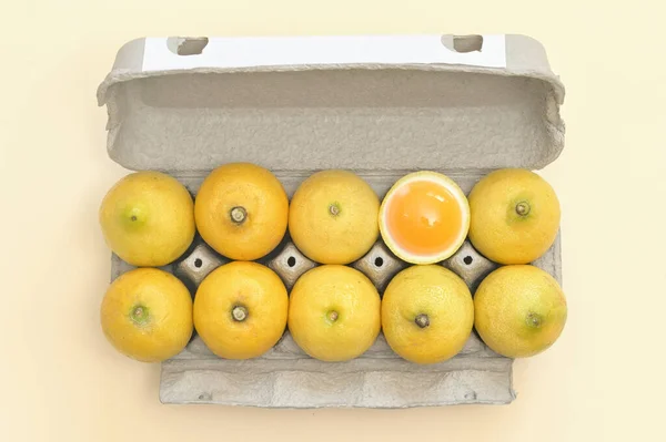 概念柠檬十几个鸡蛋在一个包裹里 — 图库照片
