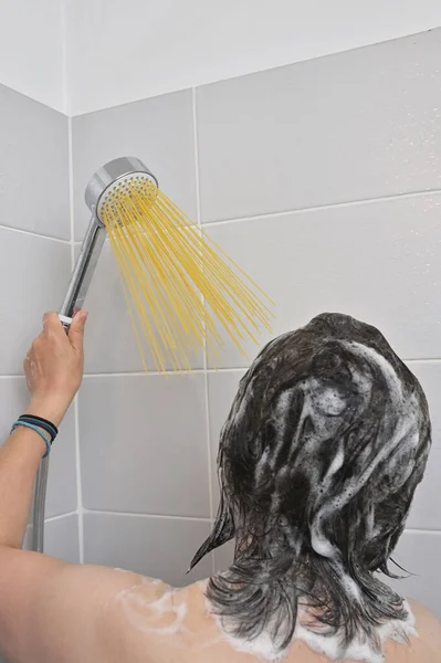 Abstract Woman Hand Silver Shower Pasta Spaghetti Water Jet — Stock Photo, Image