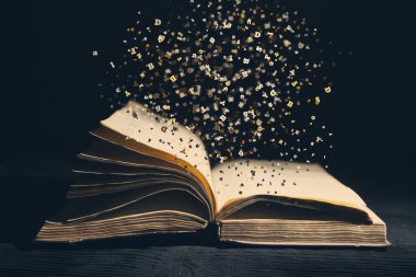 Eski kitap karanlık bg fotoğraf sinek harflerle açıldı